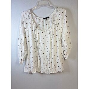 Louise Paris Womens 2X White HeartPrint Peasant Blouse 3/4 Sleeve V-Neck Tie Top
